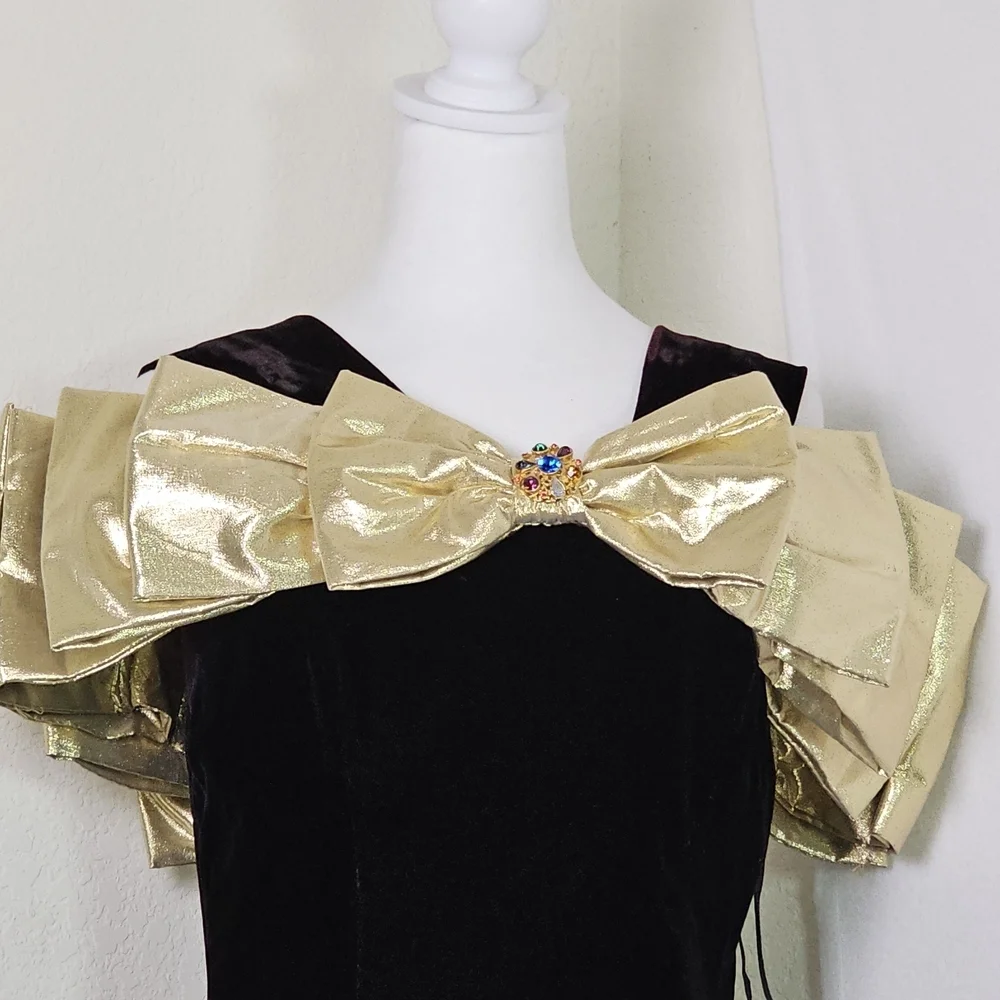 Vintage Morton Myles Saks Velvet Gold Bow Metallic Floral Cocktail Dress Sz S - Picture 2 of 15